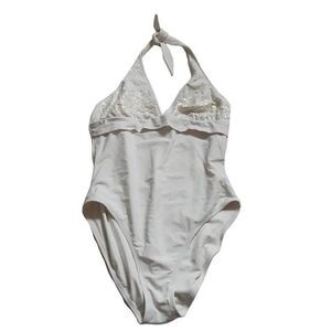 La Blanca Rod Beattie Ladies Sz 12 White Halter Sequin Beaded One Piece Swimsuit
